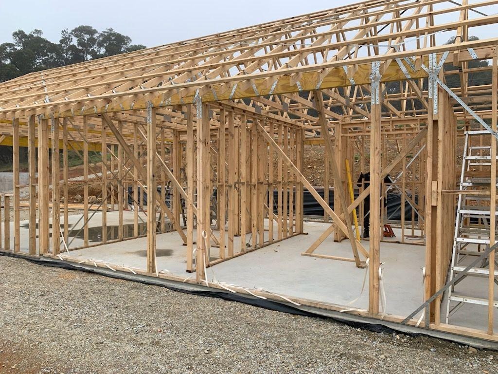 Strawbale dwelling structural frame under construction, Pakenham Upper