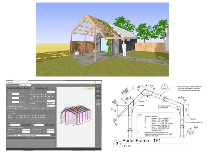 Timber portal frame structural details and 3D model, boat building workshop